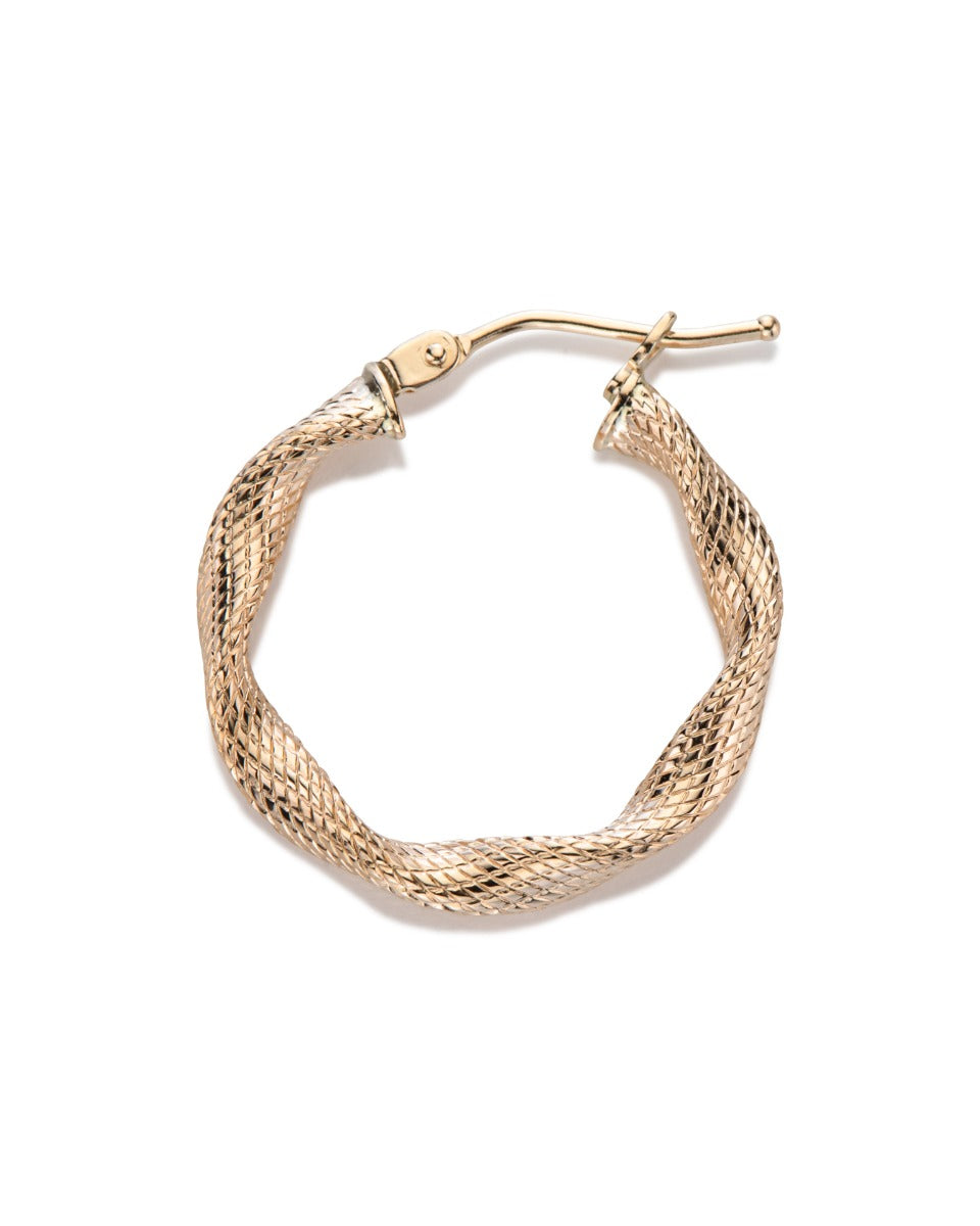 14KY Gold Twisted Textured Hoop Earring 3x15mm
