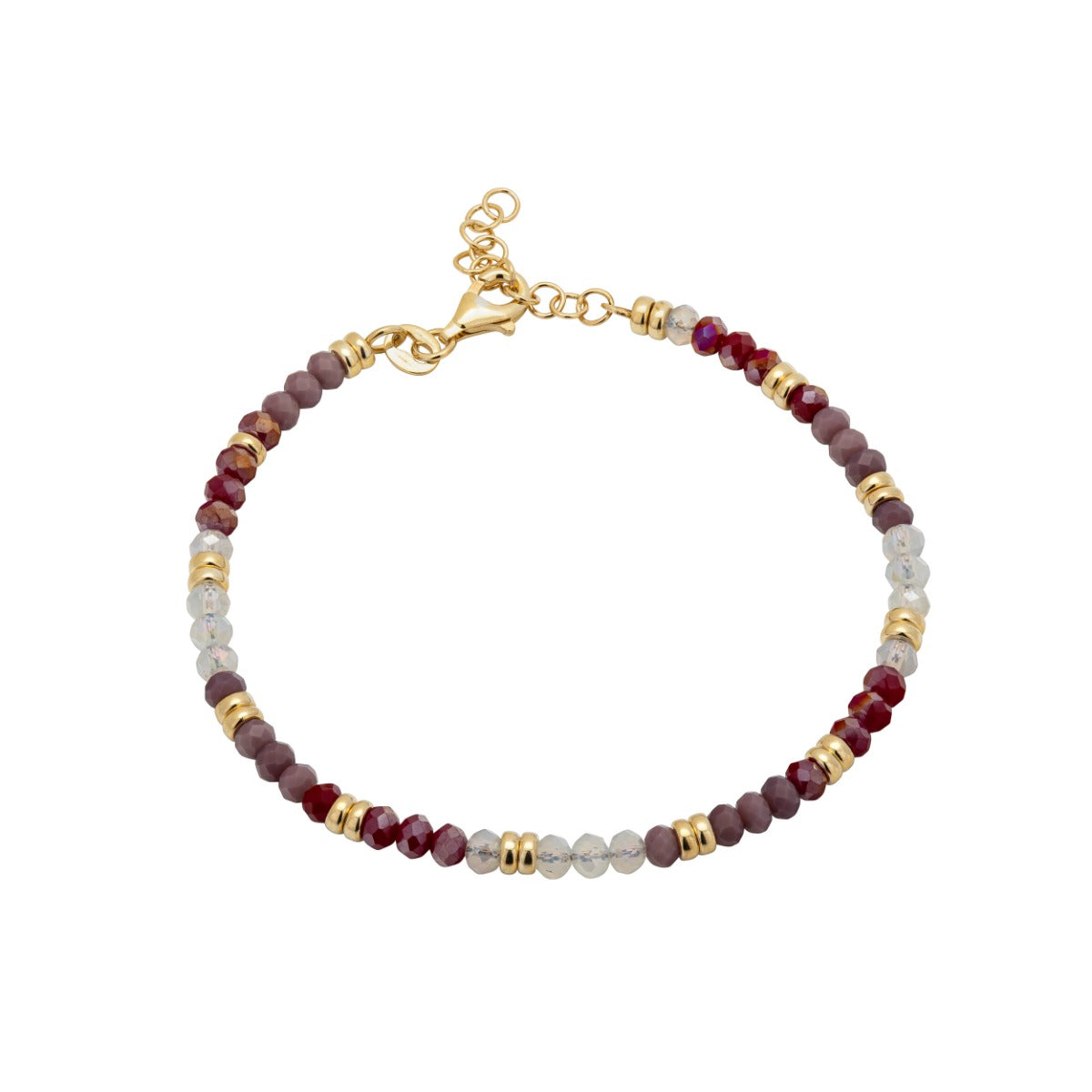 Gold plated silver bracelet with burgundy crystal beads