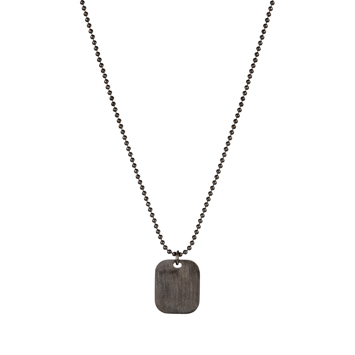 Ruthenium plated silver beaded necklace with dog tag plate pendant